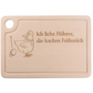 Spruchreif | Schneidebrett aus Holz mit Gravur „Ich liebe Hühner, die...“ | Witziges Frühstücksbrett mit Eierhalter & Griffloch | Originelle Geschenkidee
