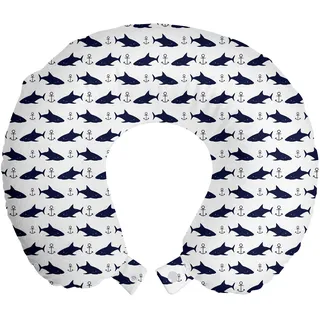 ABAKUHAUS Anker Reisekissen Nackenstütze, Aquatic Moderne Sharks, Schaumstoff Reiseartikel für Flugzeug und Auto, 30x30 cm, Indigo Weiß - Weiß