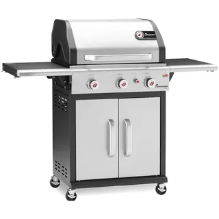 LANDMANN | Gasgrill 3 Brenner | Gusseisenrost | Grillfläche: ca. 65 x 44 cm | Für 4-6 Personen | Deckelthermometer | Elektronische Zündung | 4 feststellbare Rollen | Klappbare Seitentische | Silber