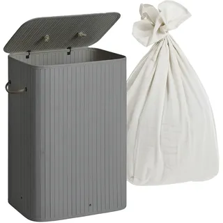 Relaxdays Wäschekorb mit Deckel, Bambus, 80 Liter, Faltbarer Wäschesammler, HxBxT: 60 x 40 x 30 cm, Wäschetruhe, grau