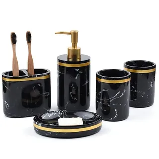 Badezimmer-Zubehör-Sets, 5-teiliges schwarzes Luxus-Badezimmer-Set, Marmor-Muster, Badezimmerzubehör, Zahnbürstenhalter, Lotionspender, Tassen, Seifenschale