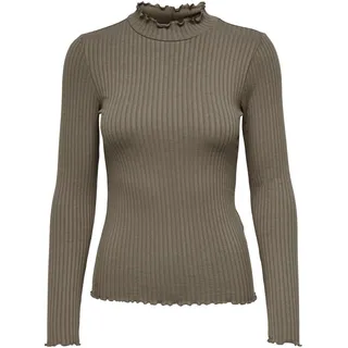 JdY Damen Dünnes Langarm Shirt Basic Rundhals Stehkragen Longsleeve Stretch Oberteil JDYFRANSISKA, Farben:Braun, Größe:L
