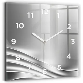 Wallfluent Wanduhr – Stilles Quarzuhrwerk - Uhr Dekoration Wohnzimmer Schlafzimmer Küche - Zifferblatt - weiße Zeiger - 30x30 cm - Silberne Abstraktion - Silber