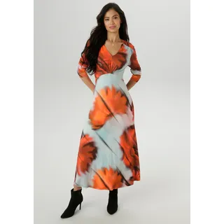 Midikleid ANISTON SELECTED, Damen, Gr. 38, N-Gr, silber (rot, silber, anthra, rosa), Single Jersey, Obermaterial: 95% Viskose, 5% Elasthan, bedruckt, gemustert, figurumspielend, V-Ausschnitt, Kleider Midikleid, mit Smok-Details