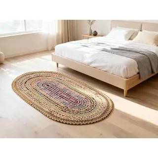 Craft Trade Bunt Waschbarer Boho Jute Teppich Reversibel Geflochten Handgewebt Oval Flickenteppich für Küche Wohnzimmer und Schlafzimmer- 90 x 150 cm