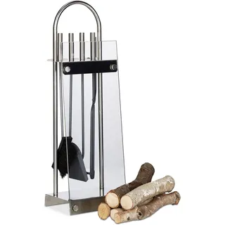 Relaxdays Kaminbesteck Edelstahl, Kamingarnitur 5 teilig, Halter, Schaufel, Besen, Zange, Haken, modern, Glas, silber