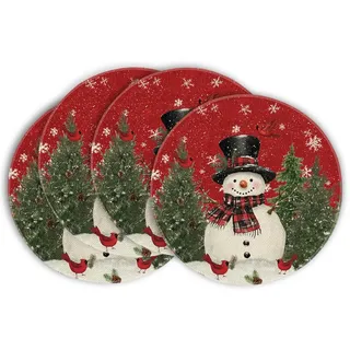 Artoid Mode Rot Schneemann Vögel Weihnachten Runde Platzsets 4er Set, 37cm Winter Xmas Tischset Waschbar Platzdeckchen Küche Party Deko