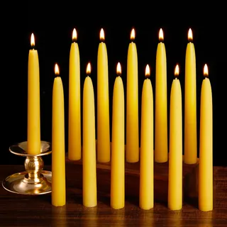 Ashlux Bienenwachs Stabkerzen & Spitzkerzen – 12 Stück Gelb, handgemacht, 8 Std. Brenndauer – tropffrei, rußfrei & geruchsneutral – für Weihnachten, Hochzeit, Meditation & Alltag