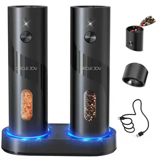 CIRCLE JOY Wiederaufladbare Elektrische Salz und Pfeffermühle Set Automatische Pfeffermühle mit Ladestation, Einstellbarer Grobheit, 110ml Behälter und Weißem LED Licht, Schwarz