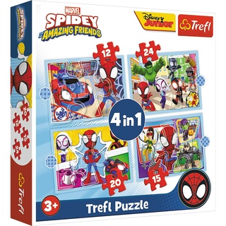 Trefl 34611 4-in-1, 4 12 bis 24 Teilen-Puzzles mit den Marvel-Helden Super Buddies, für Kinder ab 3 Jahren, Spidey and his Amazing Friends, Das Team von Spidey, Small