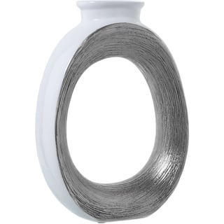 DRW Ovale Vase mit Loch aus Keramik in Weiß und Silber, 25 x 10 x 37 cm