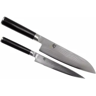 KAI Shun Classic japanisches Kochmesser 2er Set - Santoku 18 cm Klingenlänge + Allzweckmesser 15 cm Klingenlänge - Damastmesser 32 Lagen VG MAX Kern - 61 (±1) HRC - Pakkaholzgriff - Küchenmesser Set