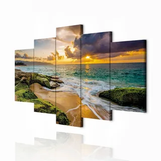 decomonkey Leinwandbild Landschaft Strand Meer, 200x100 cm, 5-teilig, Büro | Strukturierte Leinwand, Holzkeilrahmen, aufhängefertig (Nagel & Haken inkl.), Natur-Landschaft, hergestellt in der EU
