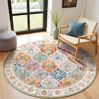 SHACOS Vintage Teppich Rund 160 cm Waschbar Runder Teppich Schlafzimmer Weich Flauschig Wohnzimmerteppich Rund Kurzflor Teppiche rutschfest, Bunt