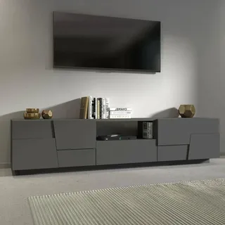 Dmora TV-Ständer Vanni, niedriges Wohnzimmer-Kommode mit 4 Türen und 1 Schublade, TV-Ständer-Basis, 220x44x46 cm, Anthrazit