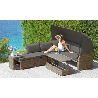 KONIFERA Gartenlounge-Set »Hawaii Premium« 1x3erSofa, 2xSessel, 1xHocker, 1xBeistelltisch, 1xTisch 111x54x59cm, 19 Stk. tlg. mit aufklappbarem Dach und zur Sonneninsel umbaubar, Aluminium, beige