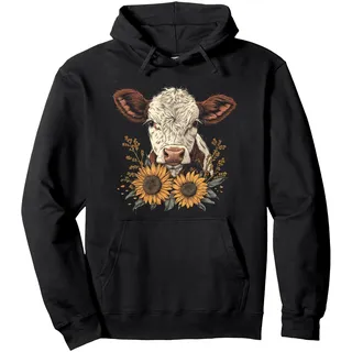 Kuh Sonnenblumen Niedliche Baby Kuh Vintage Bauernhof Pullover Hoodie, Unisex für Erwachsene, Schwarz, M