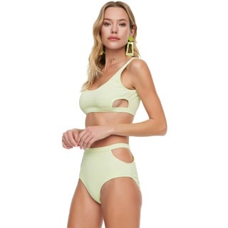 Trendyol Damen Textured High Waist Neckline Detail Six Bikini Bottoms, Grün, 36 EU