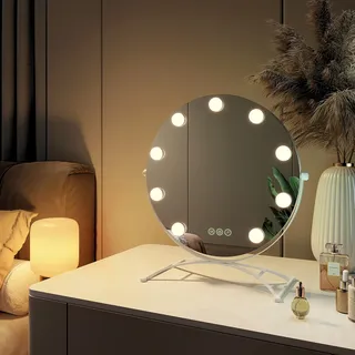 EMKE Hollywood Kosmetikspiegel mit 7x Vergrößerungsspiegel, Weiß rund Schminkspiegel 160x400x470mm mit intelligent Touchscreen und 3 Lichtfarben, 360° drehbar 9 Dimmer-LED-Leuchten und Memory-Funktion - Weiß