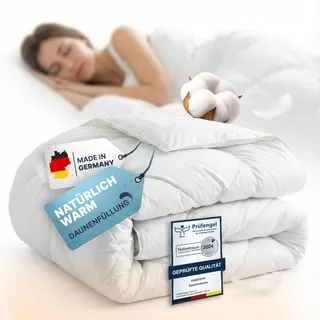 KNERST Ganzjahres Bettdecke 220×240, Federbettdecke Made in Germany | 90% Federn & 10% Daunen, 100% Baumwoll Bezug, Feder Bettdecke, atmungsaktiv, waschbar, Kassettendecke