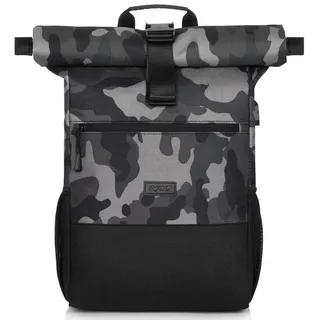 Rolltop Rucksack Herren Jungen Teenager Black Camouflage 18-26L USB-Anschluss Laptopfach bis 17.3 Zoll