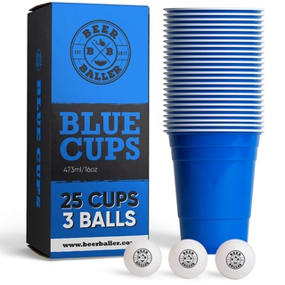 BeerBaller® Blue Cups - 25 blaue Beer Pong Becher & 3 Bier Pong Bälle | spülmaschinenfest & wiederverwendbar | 473ml - 16oz Partybecher | Bierpong Becher Set | Original American Beerpongbecher