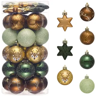 Valery Madelyn Weihnachtskugeln 35 Stücke 5cm Kunststoff Christbaumkugeln mit Aufhänger Weihnachtsbaumschmuck für Weihnachtsdeko Wald Thema Kupfergold(Bronze Grün)