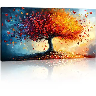 Orange Rot Baum des Lebens Baum Groß Mit Rahmen Leinwandbilder Bilder, Bunt Schmetterlinge Bäume bild auf Leinwand Wandkunst Wandbilder Kunstdruck Gemälde Deko für Wohnzimmer Schlafzimmer 100×50cm