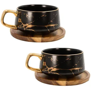 Intirilife Kaffeetasse Marmor Design 200 ml mit Untersetzer (2-tlg.) , Schwarz , Keramik , 4-teilig , 0.2 L , 13x6.3x13 cm , leicht zu reinigen , Geschirr, Tassen, Tassen Sets