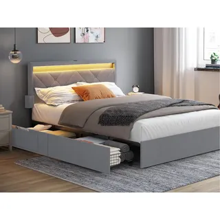VASAGLE Doppelbettgestell, Bettgestell, 140 x 200 cm, LED, Metallbett, 4 Schubladen, Ladestation, verstellbares gepolstertes Kopfteil, Hellgrau - Hellgrau