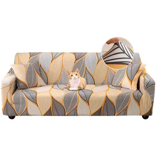 Jaotto Sofabezug 3 Sitzer Elastischer Stretch Spandex Sofa Überwürfe Sofahusse Antirutsch Waschbar Sofaschoner Couchbezug für Sofa mit Armlehne,Gelb Blätter