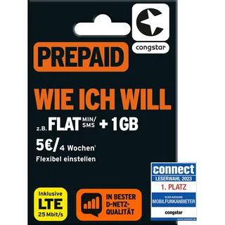 congstar Prepaid wie ich Will SIM-Karte ohne Vertrag I Prepaid-Guthaben | Wunschmix inkl. 10 € Startguthaben I In D-Netz-Qualität I Frei wählen 1-15 GB & 9 Ct. pro Min/SMS - Flat