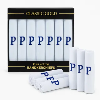 7 Stück Herrentaschentücher mit weißem Satin umrandet und blau gestickten Initialen, 40 x 40 cm, P