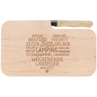 Spruchreif | Brotzeitbrett mit Messer "Wortherz – Camping" – Graviertes Holzbrett mit Camper-Motiv | Geschenkidee für Campingfreunde & Outdoor-Fans