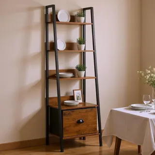 FurnitureR Buffetregal Leiterstil 42x29x141 cm, 5 Ebenen mit Stoffschublade, 12 mm Holzplatten & 20 mm Metallrahmen, 7,5 cm Rückwand, Landhausstil für Esszimmer