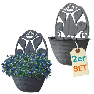 GarPet 2er Set Blumentopf Wand Blumentopf Wandmontage Wandblumentopf Wandvasen für Pflanzen Pflanzen Wandhalterung Wandtopf Außenbereich 32 cm Anthrazit Rattan Optik