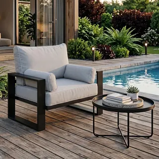 BEAUTYSOFA | VERDINO Gartensessel Grau – Gartenstuhl Lounge mit Metallrahmen, Outdoor Sessel wetterfest, Polyrattan SIMAX 03 - Grau