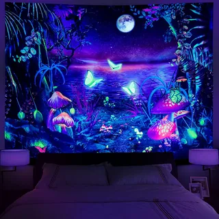 Serborlur Schwarzlicht Fantasy Wald Mond Tapisserie UV Reaktiv Schmetterling Galaxie Weltraum Wandbehang für Schlafzimmer Wohnzimmer (59,1 × 199,9 cm)