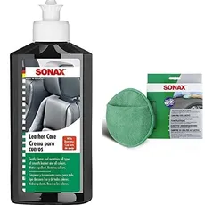 SONAX 291141 Leder-Pflege-Lotion, 250 ml & MicrofaserPflegePad (1 Stück) für gleichmäßiges Auftragen von Kunststoffpflegemitteln im Innenraum und EIN gründliches Ergebnis | Art-Nr. 04172000