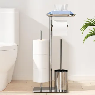Toilettenpapierhalter Stehend Silber mit Bürste - Klopapierhalter Stehend mit Klobürste, WC Garnitur mit Toilettenpapierhalter, Tablett und Toilettenbürste