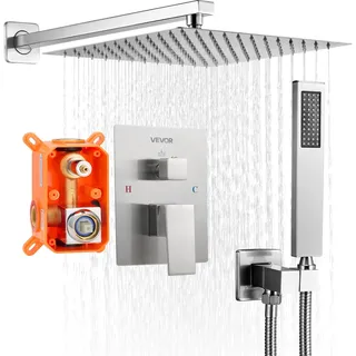 Vevor Duscharmatur Regenduschsystem fürs Badezimmer Duschsystem mit 305 mm quadratischen Regenduschkopf & Handbrause, wandmontierte Badezimmerarmaturen mit Messingventil & Zierset, gebürstetes Nickel