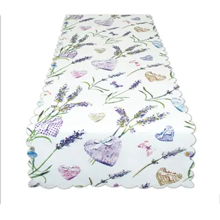 Delindo Lifestyle Mitteldecke LAVENDEL + HERZ 40 x 140 cm Weiß
