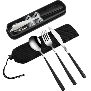 VANRA 3 Stück tragbares Reisebesteck Set mit Koffer 18/8 Edelstahl Besteck Set Wiederverwendbares Besteck Set mit Gabel Löffel Messer für Mittagessen Reisen Camping Schule Arbeit Picknick (Schwarz)