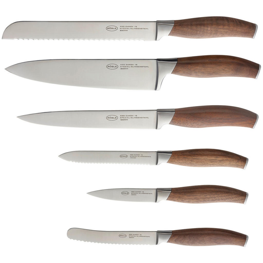 Bild von Messerblock Passion 7-tlg., aus Walnussholz mit 6 scharf geschliffenen Messern, Klingenspezialstahl, Edelstahlendkappen, Fingerschutz