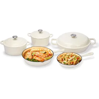 GFTIME Antihaft Emaille Gusseisen Kochgeschirr Set, 8 teiliges Töpfe und Pfannen mit Deckel, Bratpfanne, Schmortopf, Soßentopf, Runder Dutch Oven für Brotbacken auf allen Herdarten, Weiß
