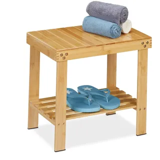 Relaxdays Badhocker aus Bambus, Sitzhocker mit extra Ablagefläche, HxBxT: 41,5 x 44 x 28 cm, Stauraum Flur & Bad, natur