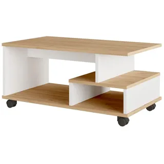 Hanah Home Stilvoller Couchtisch mit Rollen, Eiche & Weiß, 90 x 51 x 42,5 cm | 100% melaminbeschichtet, 18 mm stark | Modernes Design