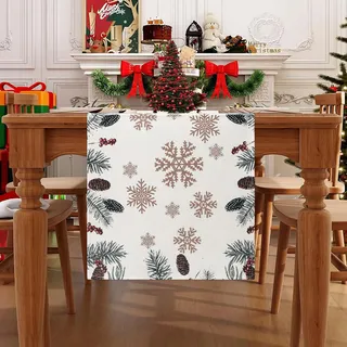 Schneeflocke Tischläufer Weihnachten Tannenzapfen Tischdeko Weihnachten Modern Winter Tischläufer Weiß Für Tischdeko Silvester Küche Esszimmer Inneneinrichtung Party Feiertage Dekoration 40 x 140 cm