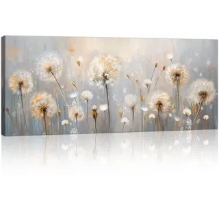 Beige Fantasie Pusteblumen Mit Rahmen Großes Leinwandbilder Bilder, Nordisch Minimalistisch Pflanzen bild auf leinwand Wandkunst Modern Wandbilder Kunstdruck Deko für Wohnzimmer Schlafzimmer 120x50cm