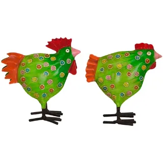 Dekorativer Hahn und Huhn Garten-Deko aus Metall - Bemalt, 2 Stück, 4 Farben zur Auswahl (Grün)